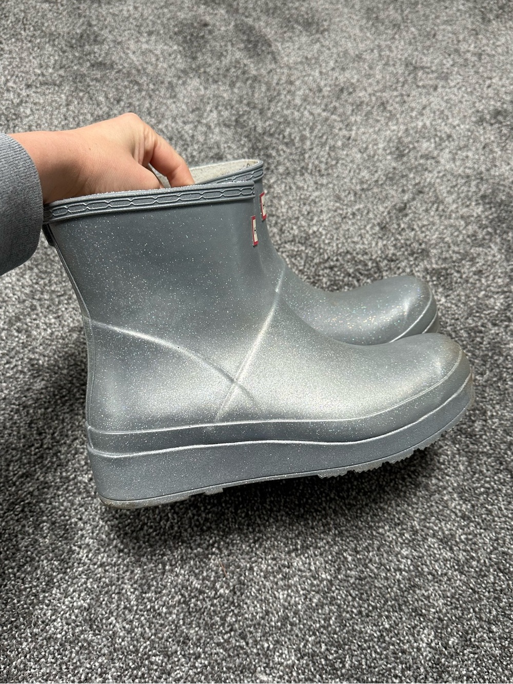 Hunter Play Short Cosmic Rain Boots in Glittery Silver